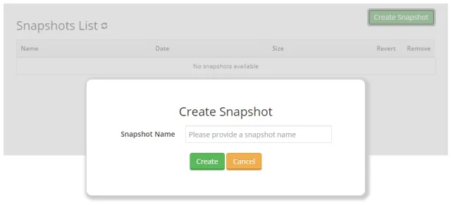 VDS sunucunun mevcut sistem durumunu zaman içinde donduran Snapshot (Anlık Görüntü) arayüzü